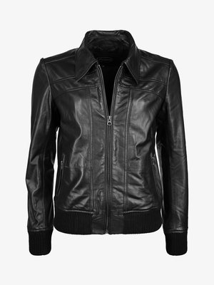 Zwarte leren jas met ritssluiting aan de voorkant, puntige kraag, geribbelde manchetten en zoom. Voorzien van inzetstukken en twee zijzakken.