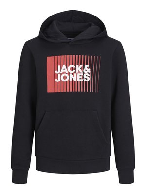Sweat à capuche noir avec un imprimé rouge carré et le texte blanc "JACK & JONES", poche frontale et poignets et ourlet côtelés.