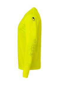 Chemise à manches longues de couleur jaune néon, ornée d'un motif géométrique et d'accents texturés sur la manche gauche. Fabriquée en tissu léger.