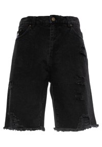 Mustat farkkushortit, joissa on kulutettu yksityiskohtia ja risat helmat. Korkea vyötärö ja metallinen nappikiinnitys tekev�ät niistä ihanteelliset arkivaatteiksi.