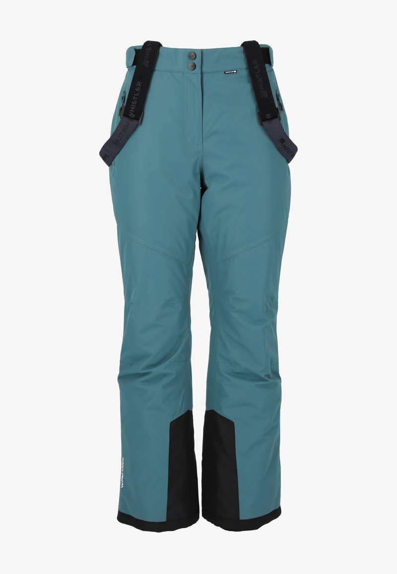 Water-resistant ski pants in teal with adjustable suspenders, black bottom panels, two front pockets, and a straight leg design.