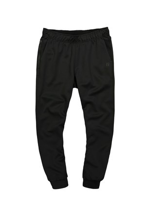 Sorte atletiske joggingbukser med elastisk talje, lynlåslommer i siden og ribbede manchetter. Glat tekstur med minimal branding.
