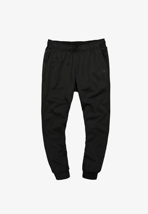 Sorte atletiske joggingbukser med elastisk talje, lynlåslommer i siden og ribbede manchetter. Glat tekstur med minimal branding.