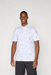White polo shirt with blue cartoon-like illustrations of various sports and activities. Short sleeves, collared design, smooth fabric texture.