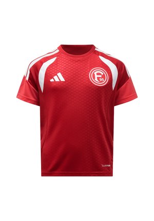 Rød sports T-shirt med korte ærmer med hvide striber på skuldrene, Adidas-logo på brystet og rund F95-holdemblem foran.