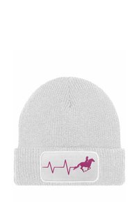 Gray knit beanie with a folded cuff featuring a rectangular patch, depicting a rider and horse over a heartbeat line in pink.