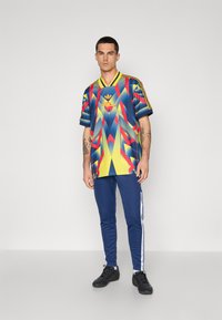 Mnohobarevný sportovní dres v modré, žluté a červené barvě s geometrickým vzorem. Má krátké rukávy, výstřih do V a vyšívané logo. Kombinovaný s námořnickými kalhotami.