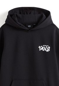 Schwarzer Kapuzenpullover aus weichem Material mit einem grafischen Druck "VANS Off The Wall" in Weiß auf der linken Brust.