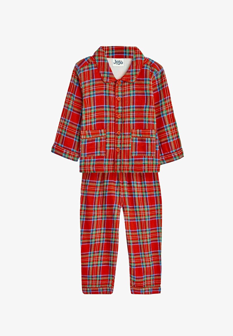 Punane ruuduline pidžaama komplekt sisaldab nööpidega jakki kahe ees oleva taskuga ja sellele vastavaid pükse, millel on sinised ja rohelised aktsendid mustris.