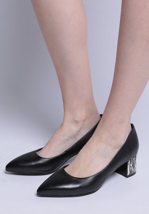 Scarpe con tacco a pompa nere in pelle, con una texture liscia, design a punta e un distintivo tacco a blocco metallico con un motivo testurizzato.