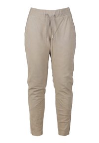 Beige joggingsbroeken van zachte stof, met een elastische tailleband met trekkoorden, zijzakken en taps toelopende pijpen met gestikte accenten.