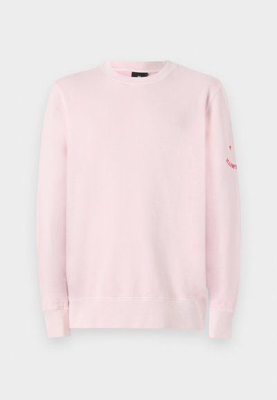 Ανοιχτό ροζ φούτερ με στρογγυλή λαιμόκοψη, μακριά μανίκια, ριχτές μανσέτες και στρίφωμα; διαθέτει κείμενο στη αριστερή μανσέτα.