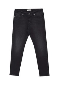 Jeans skinny in denim nero con una trama liscia, design a cinque tasche e chiusura con bottone frontale. Cuciture a punto e dettagli di sfumatura subtile.