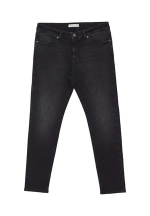 Schwarze Skinny-Jeans aus Denim mit glatter Textur, Fünf-Taschen-Design und einer vorderen Knopfverschluss. Gesteppte Nähte und subtile Verblassungsdetails.