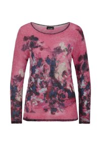 Roze trui gemaakt van zachte, gestructureerde stof met een bloemenpatroon in paarse en blauwe tinten. Kenmerkt zich door een ronde halslijn en lange mouwen.