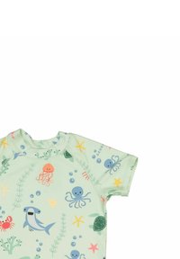 Kortärmad rash guard i ljusgrön med havstema. Innehåller bläckfiskar, maneter, hajar och sjöväxter i blått, orange och gult.