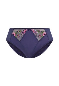 Marineblauwe onderbroek met bloemengestikt borduursel op transparante meshpanelen, voorzien van een gestructureerde stof en golvende randen. Kleine centrale strikdetail.