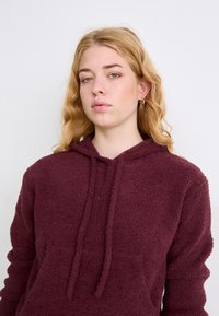 Bordo pulover s kapuco, izdelan iz mehkega, teksturiranega flisa, z zadnjim žepom, kapuco z vrvico in majhnim logotipom na prsih.