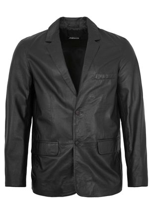 Black leather blazer with notch lapels, two front flap pockets, chest welt pocket, and two-button closure, shown on a white background.