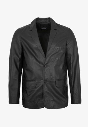 Black leather blazer with notch lapels, two front flap pockets, chest welt pocket, and two-button closure, shown on a white background.
