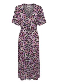 Robe mi-longue fleurie en tissu noir avec des fleurs violettes, roses et blanches, décolleté en V, manches courtes et ceinture à nouer pour ajustement.