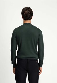 Dunkelgrüner Strickpullover mit rundem Halsausschnitt, langen Ärmeln, gerippten Bündchen und Bund; der Stoff wirkt glatt mit einem leichten Glanz.