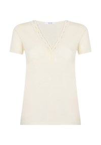 T-shirt a maniche corte, di colore crema, con scollo a V e bordino in pizzo lungo la scollatura, realizzata in un tessuto morbido e leggero.