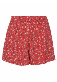 Shorts pour femmes à motif floral rouge avec une taille élastique et une coupe ample et fluide.