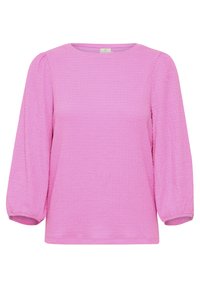 Top rosa texturizzato con scollatura rotonda e maniche a sbuffo. Presenta polsini arricciati e una vestibilità comoda, realizzato in tessuto leggero.
