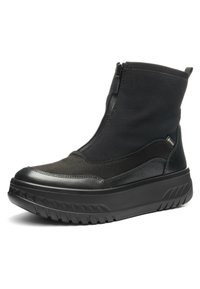 Schwarzer Stiefel bis zur Mitte der Wade mit Frontreißverschluss, dicker strukturierter Sohle, Obermaterial aus Leder und Stoff sowie Gore-Tex-Etikett an der Seite.