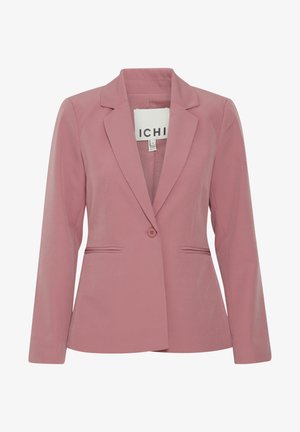Blazer rosa con vestibilità sagomata, colletto a risvolto, chiusura a un bottone e due tasche frontali. Tessuto morbido con una leggera lucentezza.