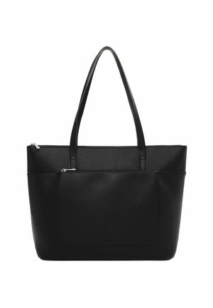 Borsa tote in pelle nera lavorata con due spallacci, una grande tasca frontale con zip e chiusura superiore con zip.