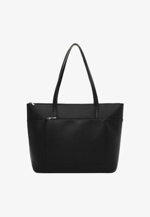 Sort struktur lædertaske med to skulderstropper, en stor lynlåslomme foran og en lynlås øverst.