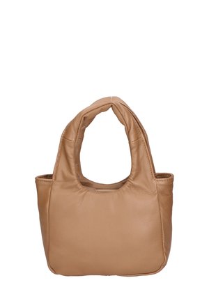 Sac à main en cuir tan avec une forme souple et structurée, des poignées courtes et arrondies, et des poches latérales. Texture lisse avec des détails de couture subtils.