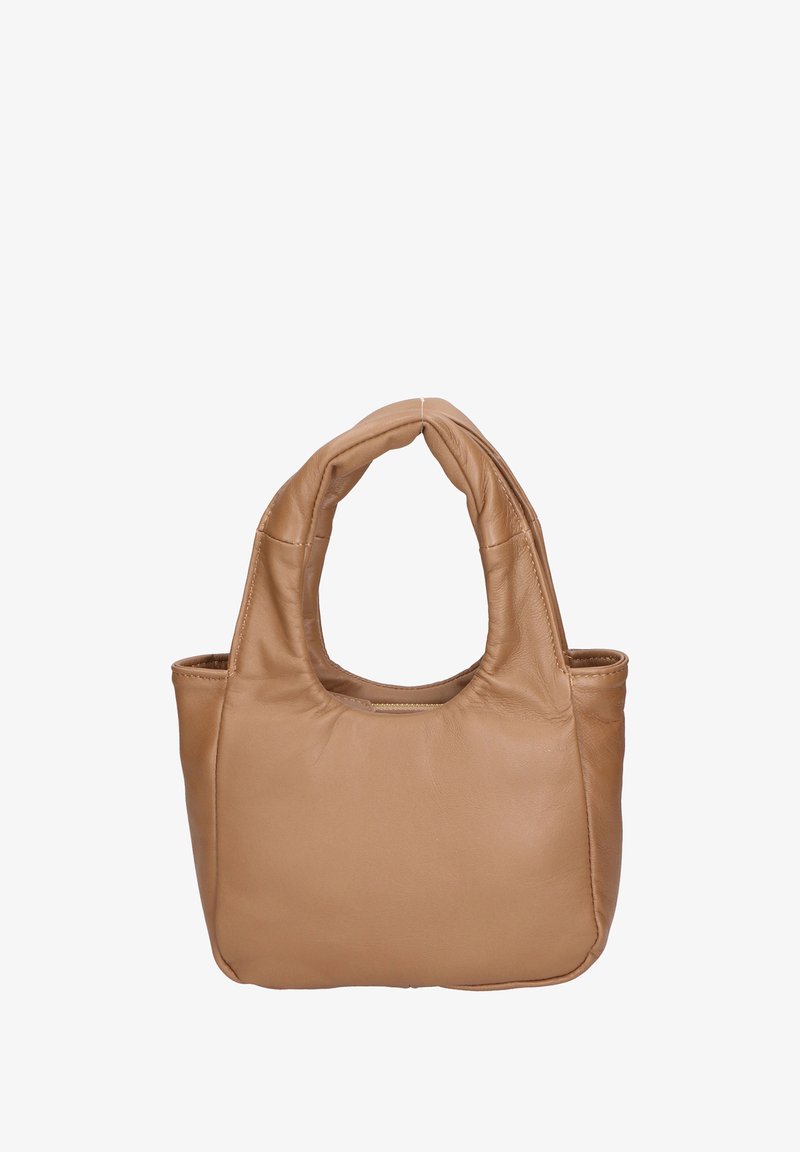 Borsa a tracolla in pelle color tan con forma morbida e strutturata, manici corti e arrotondati, e tasche laterali. Texture liscia con dettagli di cucitura sottili.