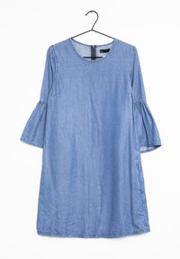 Niebieska sukienka dżinsowa z okrągłym dekoltem, rękawami 3/4 w kształcie dzwonu oraz zamkiem z tyłu. Posiada luźny krój i lekko rozszerzaną sylwetkę.