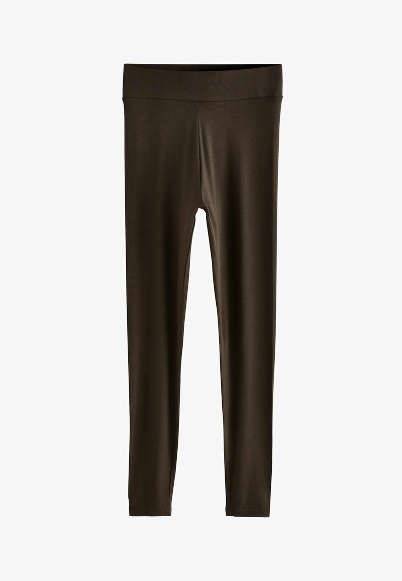 Leggings marron en matériau lisse et extensible, présentant une large taille et un design ajusté sur l'ensemble des jambes.