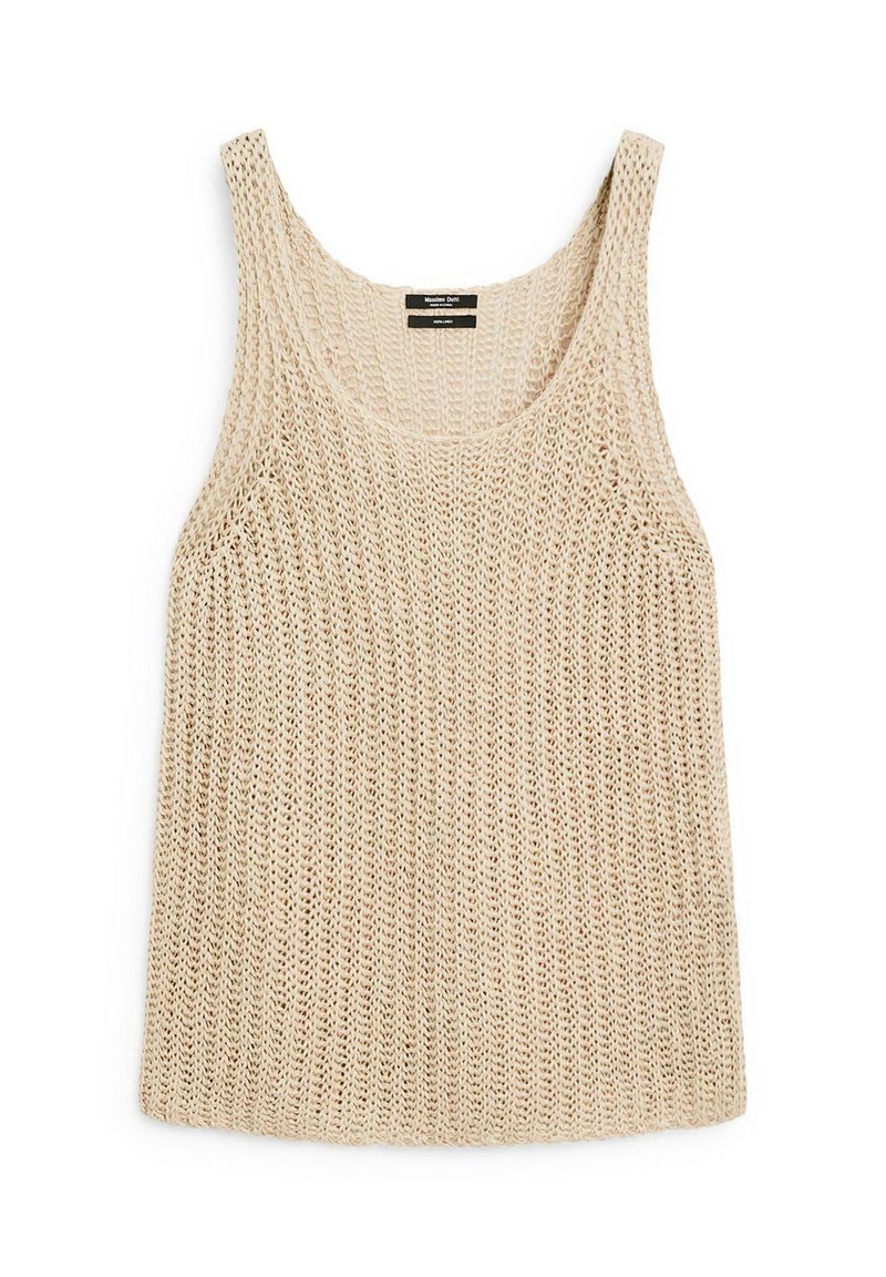 Débardeur en tricot beige clair avec de larges bretelles, une texture à mailles ouvertes et un col rond. Présente une coupe décontractée, idéale pour un style décontracté.