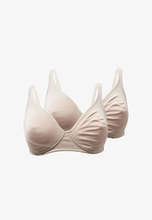 Due reggiseni wireless color beige con coppe morbide e spalline regolabili, mostrati su uno sfondo bianco.