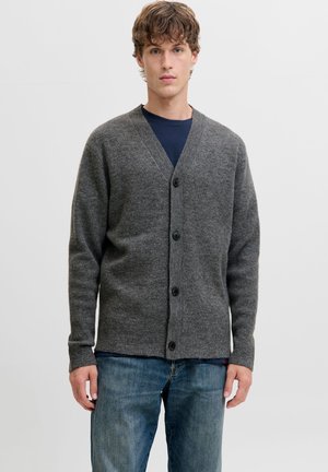 Mann mit grauem, geknöpftem Cardigan über einem dunkelblauen Hemd und blauen Jeans stehend vor einem einfarbig weißen Hintergrund.