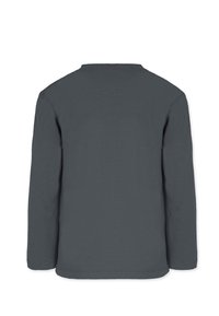 Långärmad skjorta i mörkgrå bomull, rund hals, med en slät yta och rak fåll. Bakifrån, inga synliga logotyper eller mönster.