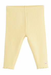 Leggings amarillos acanalados con un diseño ajustado, que presentan un pequeño logo de cereza en el dobladillo y una cintura elástica para mayor comodidad.