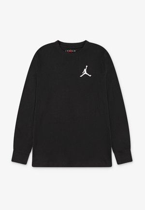 Sort langærmet t-shirt med rund hals med hvid Jumpman-logo på venstre bryst og lille "JORDAN"-tekst inde i halsudskæringen.