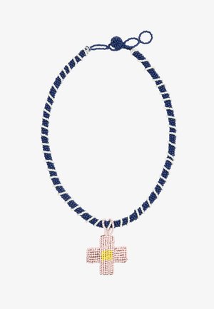 Niebiesko-biały naszyjnik z koralików z różowym krzyżem z koralików zawieszonym jako wisiorek, z żółtym środkiem, zapinany na zapięcie w formie pętli i kuleczki.