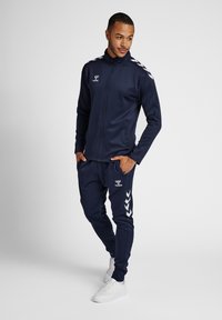 Tuta sportiva blu navy composta da giacca con zip e pantaloni affusolati, realizzata in tessuto liscio con accenti a zigzag bianchi e un logo.