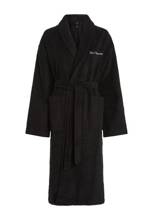 Mustast sametisest lahtise sallkraega hommikumantel vöökinnituse, kahe ees tasku ja vasakul rinnal tikitud "Karl Lagerfeld" tekstiga.