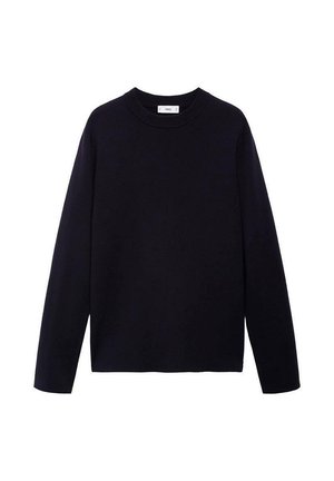 Donkerblauwe lange mouwen gebreide trui met een ronde hals. Heeft ribbelmanchetten en een ribbelzoom. Het materiaal lijkt zacht met een gladde textuur.