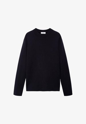 Maglione a maniche lunghe di un blu navy scuro con colletto rotondo. Presenta polsini e orlo a coste. Il materiale sembra morbido con una superficie liscia.