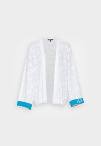 Bílé lehké kardigan s otevřeným předním dílem, se strukturovaným vzorem a tyrkysovými manžetami s nápisem "AIX".