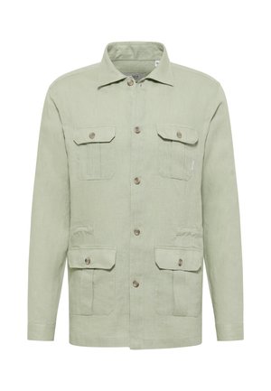 Light green, long-sleeved jacket made of textured fabric with a straight cut, featuring two chest pockets and button closures.